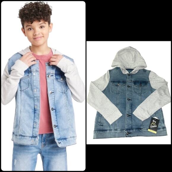 Art Class Light Wash Unisex Denim Button Down Jean Jacket w/ Sweatshirt Hood - Picture 1 of 15